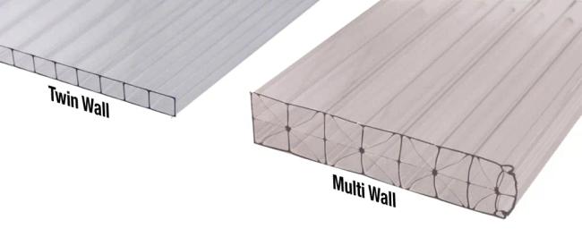 a cross section of twin wall polycarbonate side-by-side with a cross section of multi-wall polycarbonate