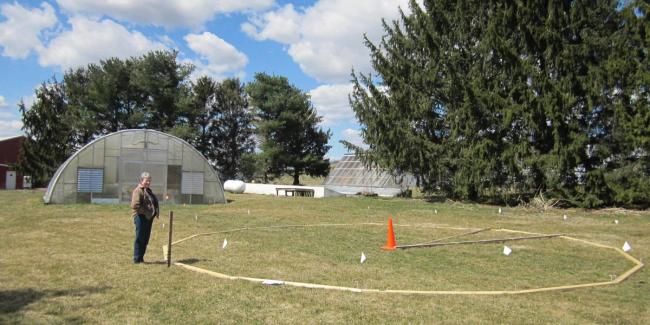 Marked foundation layout beside an existing Growing Dome at the Rodale Institute in Pennsylvania