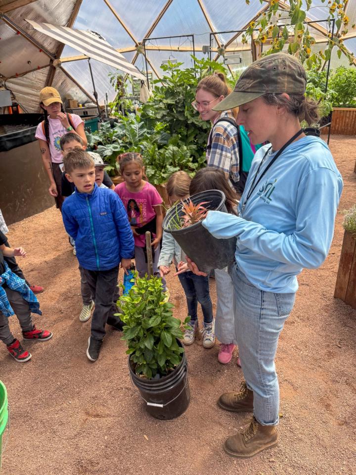 Teacher showing young students a pineapple plant and a lemon tree in a Growing Dome