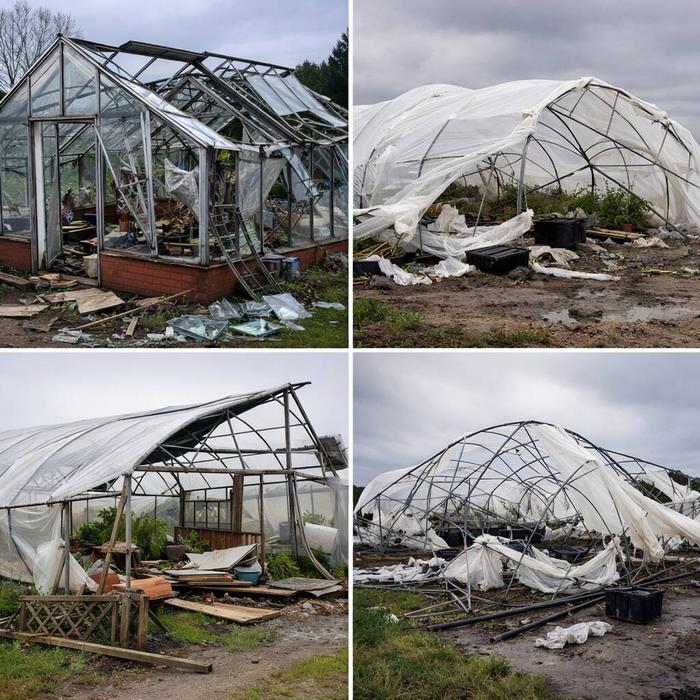 AI Generated collage of 4 different greenhouses destroyed in wind