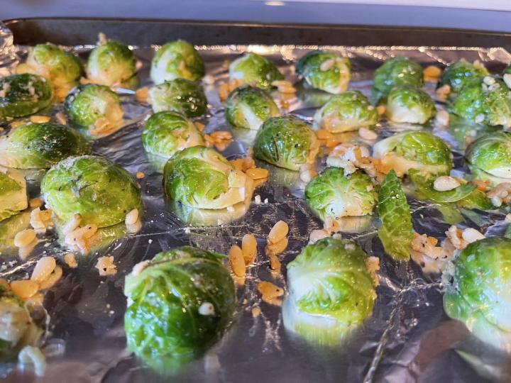 halved Brussels sprouts on a pan