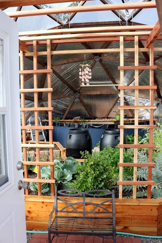 custom redwood trellis in a Growing Dome Greenhouse