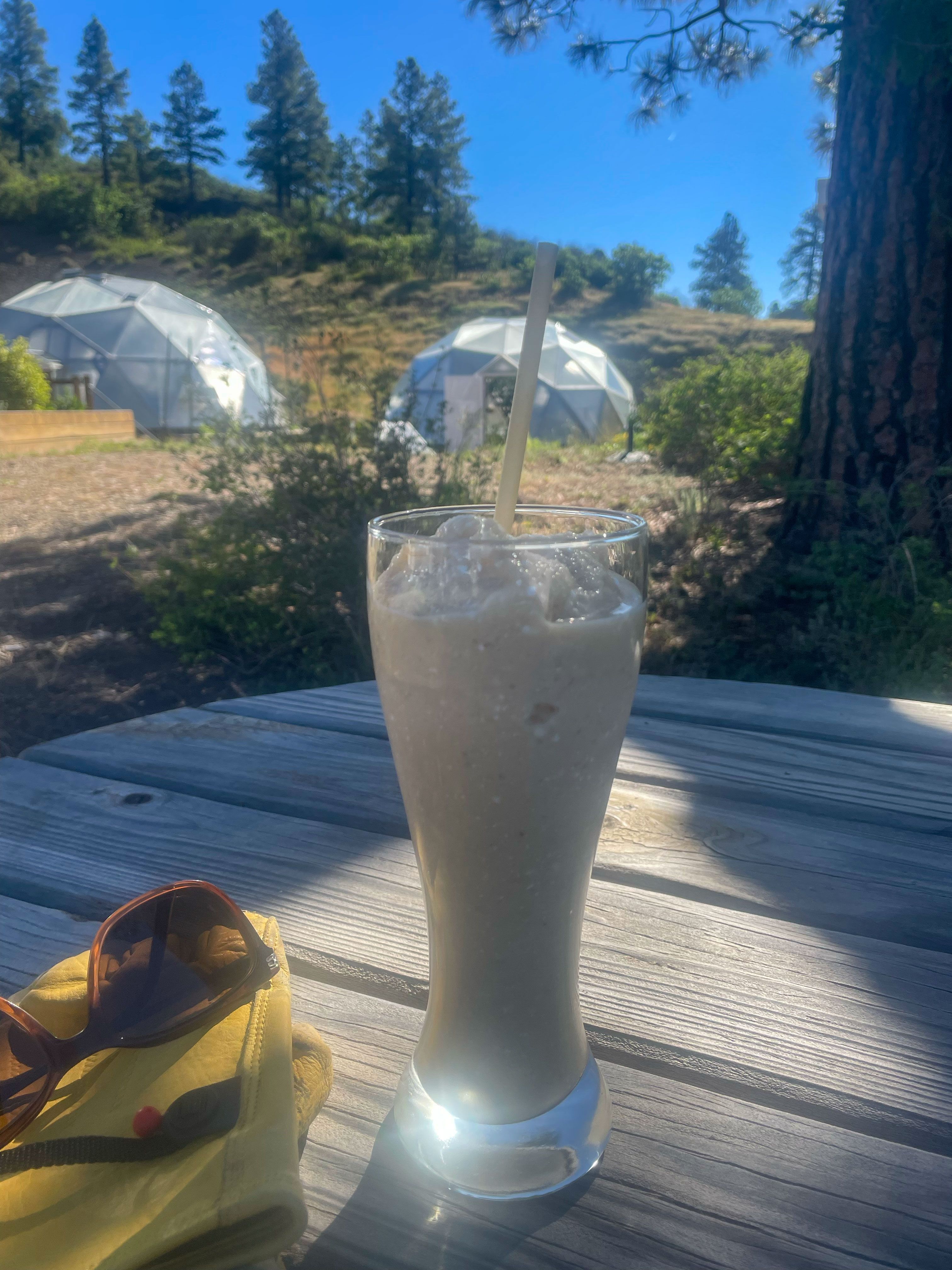 frozen orange julius drink outside on a picnic table with geodesic greenhouses in the background