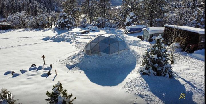 Backyard greenhouse in the winter