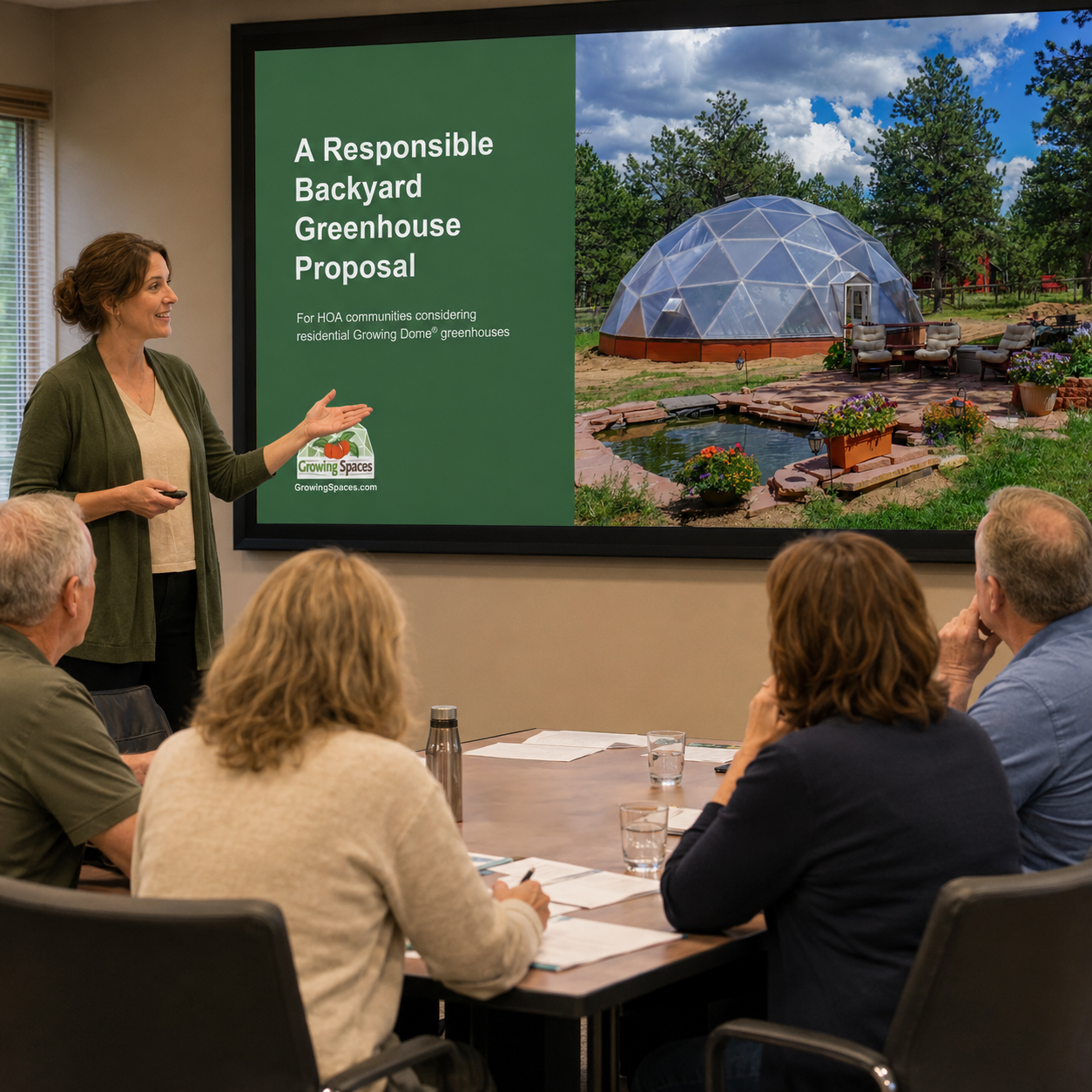 woman presenting backyard greenhouse proposal to a group of people on a large screen
