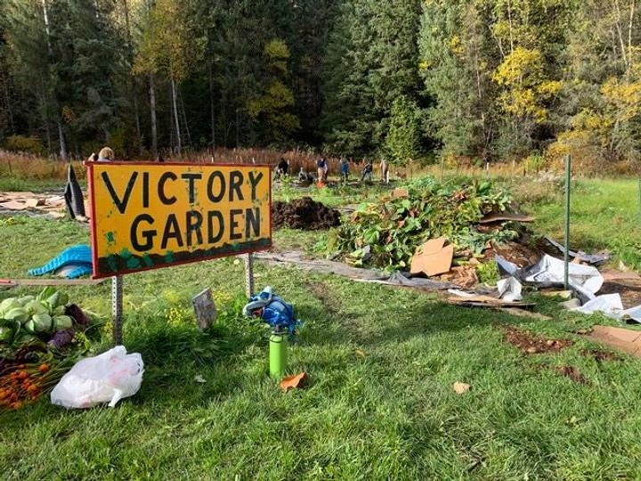 victory garden sign with victory garden and compost in the background