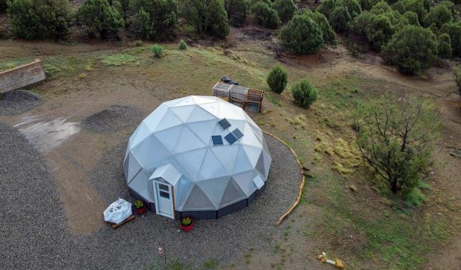 birds eye view of a geodesic growing dome greenhouse