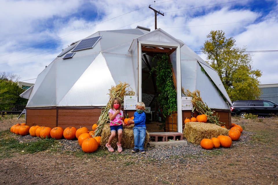 Harvested pumpkins decorating the outside of the dome in Golden, CO