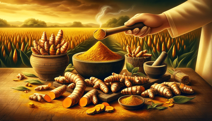 illustration of person spooning dried ground turmeric into a bowl with cut rhizomes and turmeric plants and growing in the background