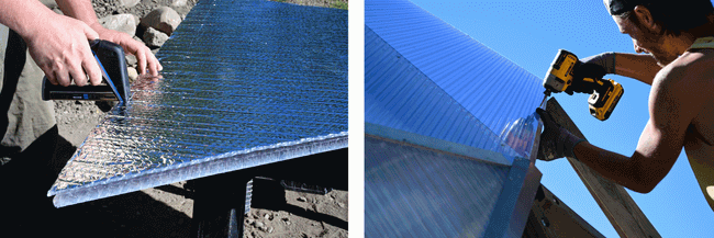 side by side photos of someone stapling reflectix insulation to a polycarbonate panel and then attaching the panel to the outside of the greenhouse