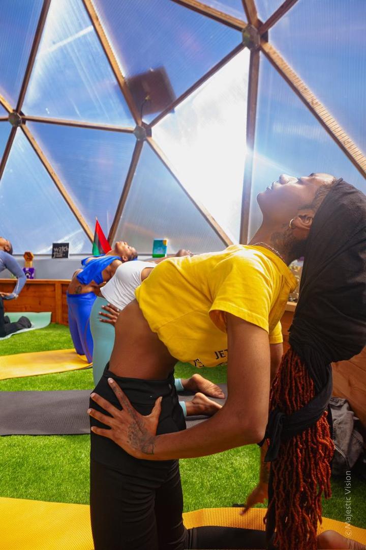 Yoga inside the Prolific Oxygen Growing Dome Greenhouse