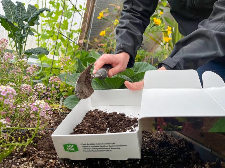 person using a hand trowel to put soil from a raised bed in a test box