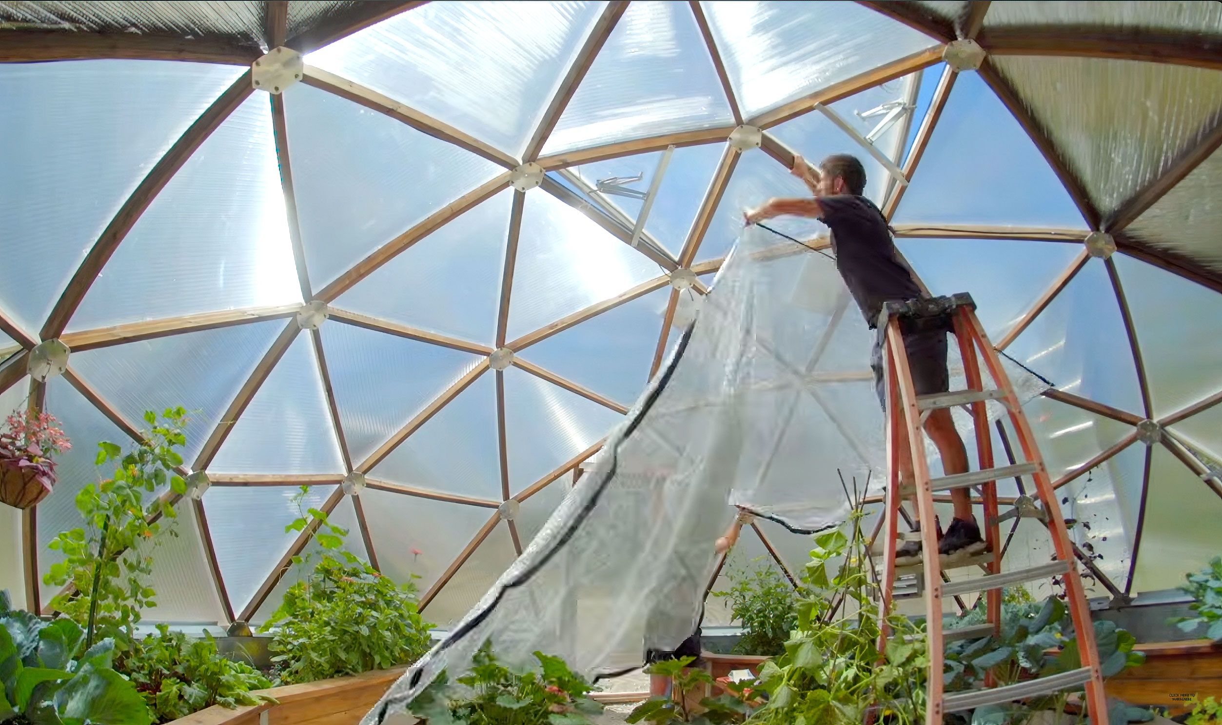 two people putting up a shade cloth inside a geodome greenhouse