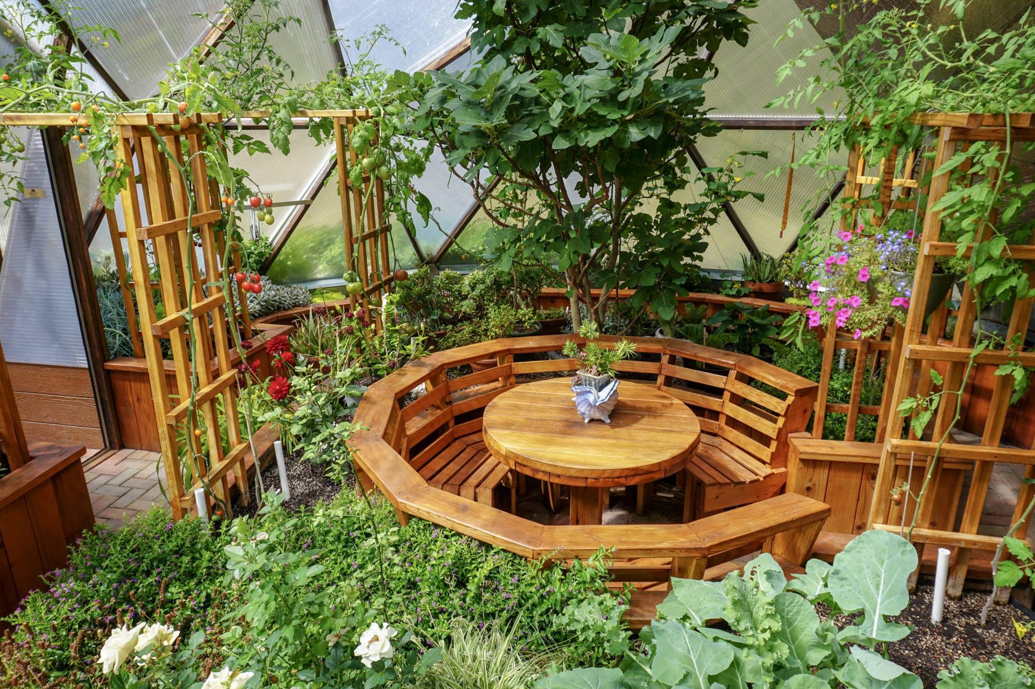 wooden table with circular bench in the center of a greenhouse with lush plants and trellises along the sides