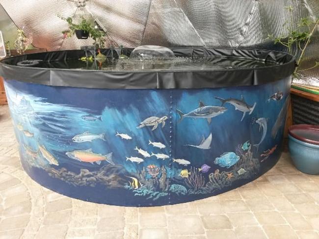 an above-ground pond in a growing dome greenhouse that has various fish and sea life painted on the outside