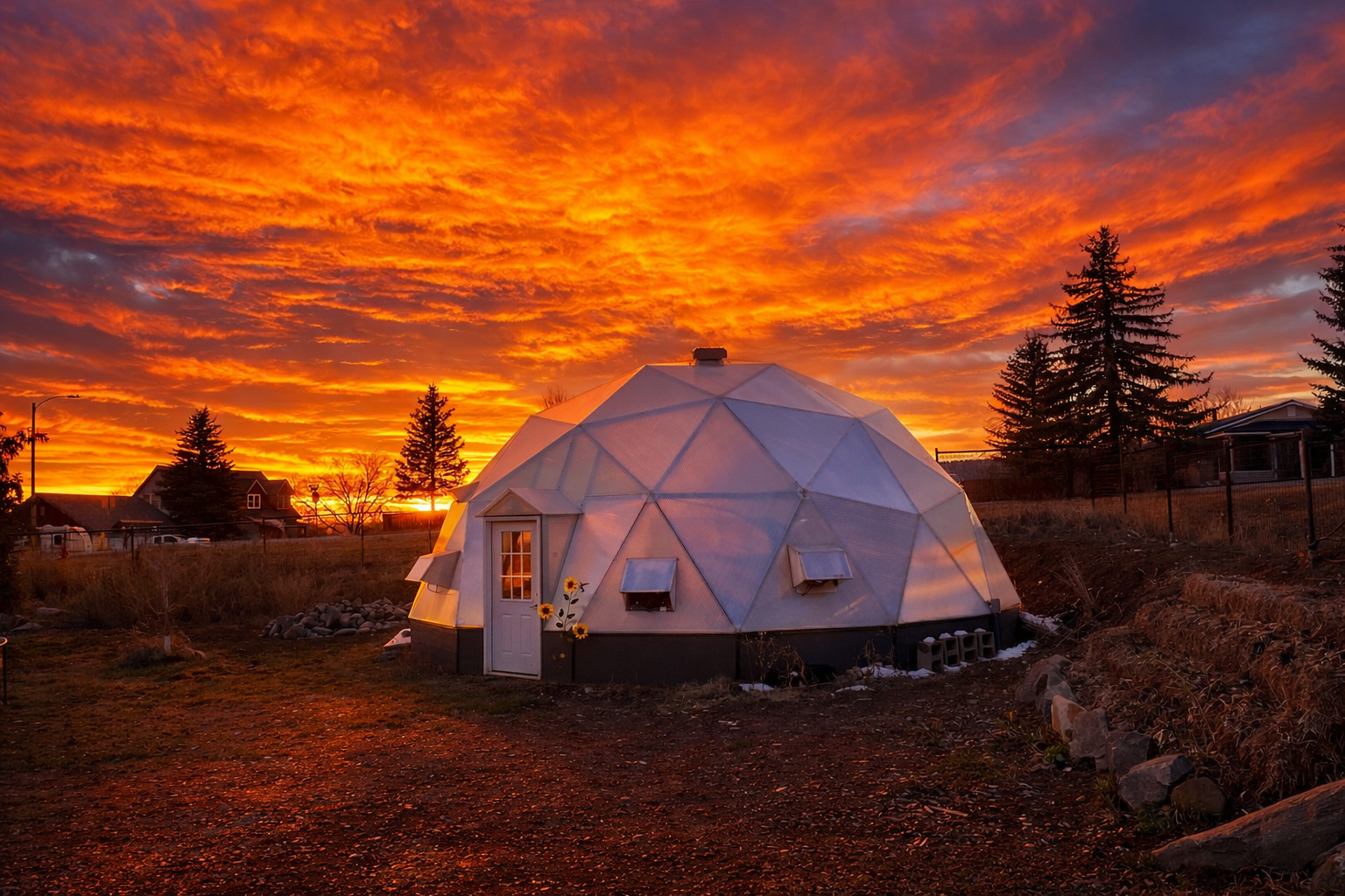 33 foot diameter Growing Dome backyard greenhouse under a fiery bright orange sky