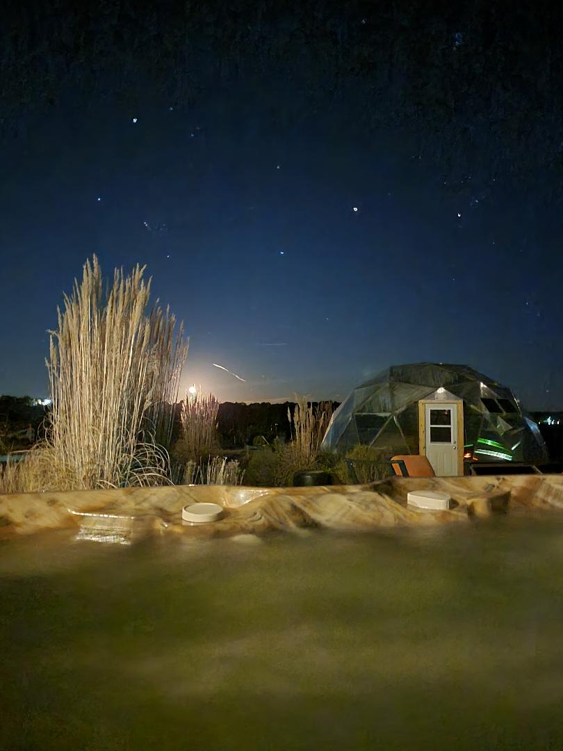 View from the hot tub of the night sky and ornamental grasses and geodesic greenhouse