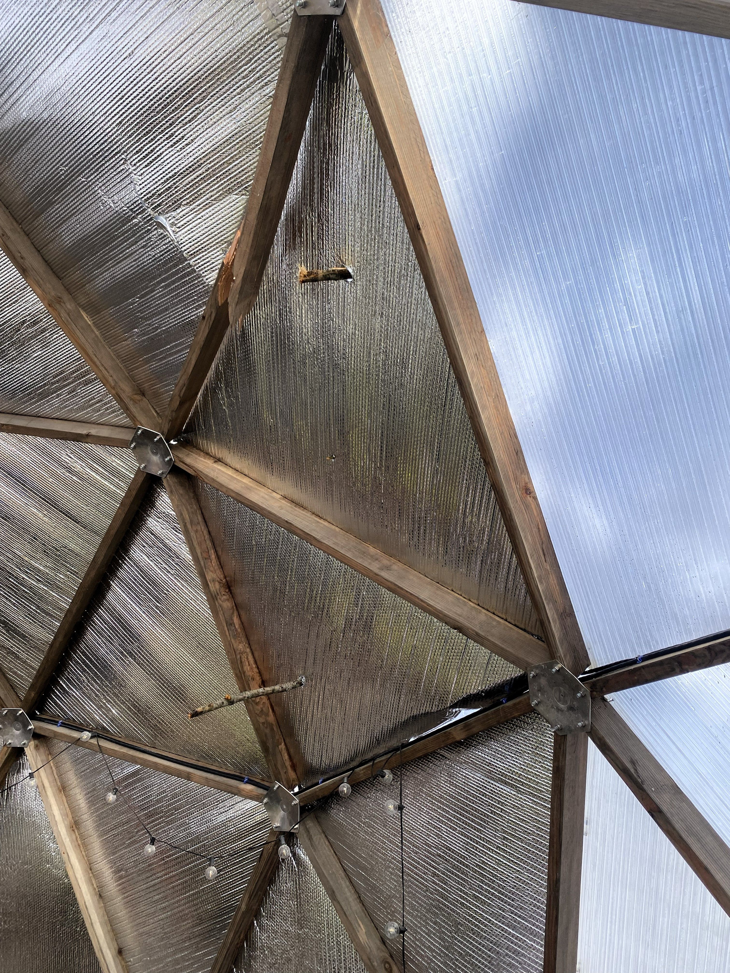 dome damage after ice storm shows a few branches sticking through the polycarbonate and reflectix