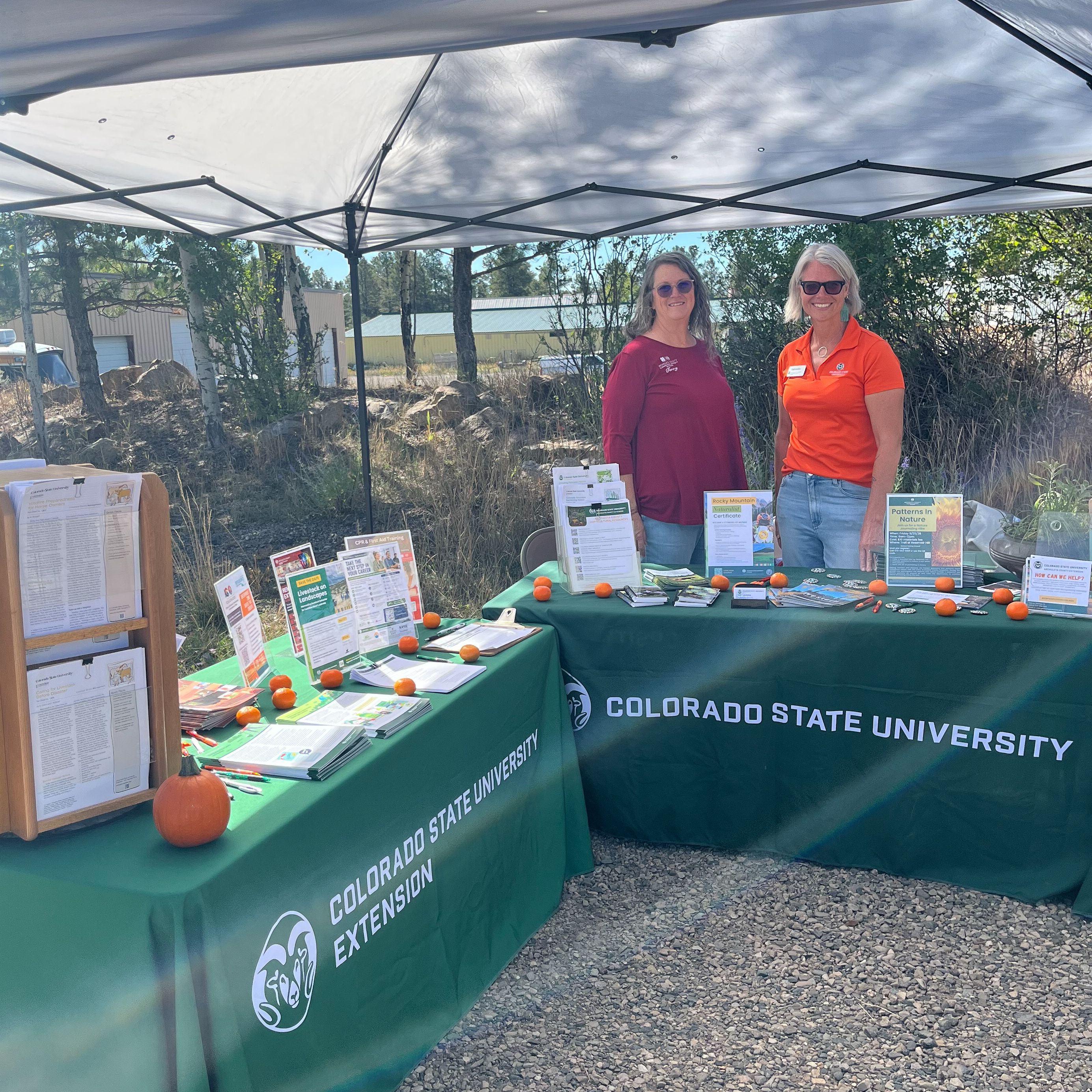 Two women standing behind a table at an event with educational materials on the table