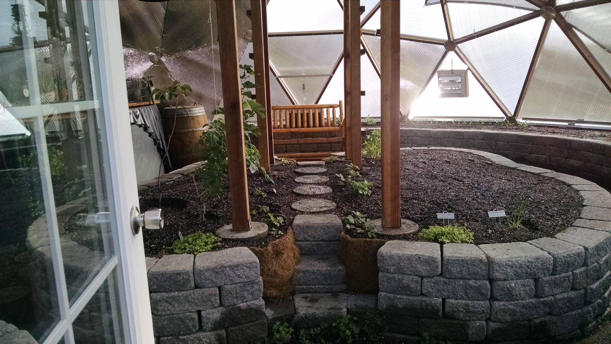 looking from the doorway paver stone raised beds with paver stairway and stepping stones across the bed inside the greenhouse