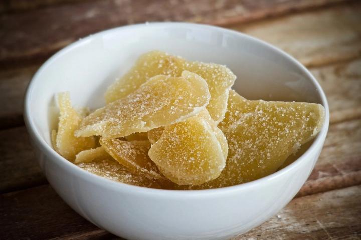 slices of crystalized ginger or mango in a bowl