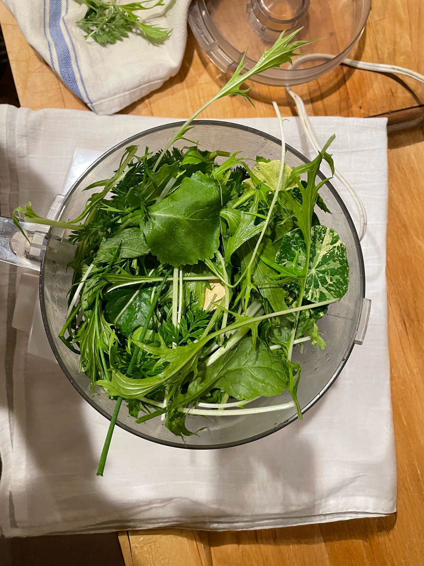 cleaned winter greens placed in a food processor