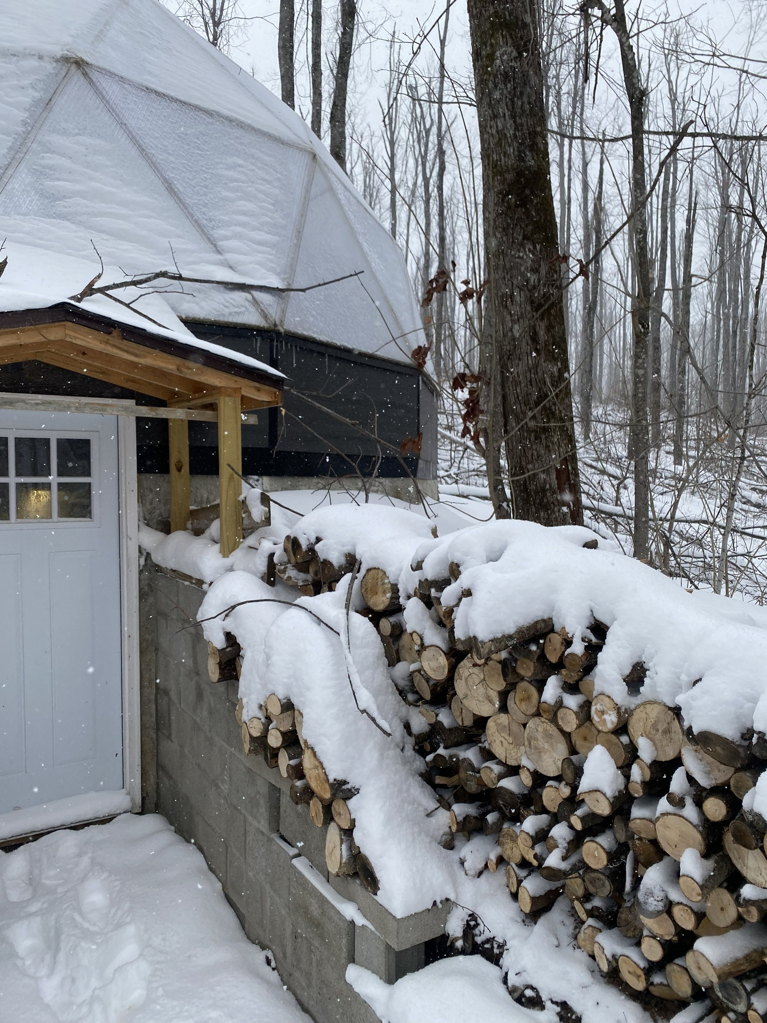 wood pile conveniently stacked next to the basement door of the greenhouse