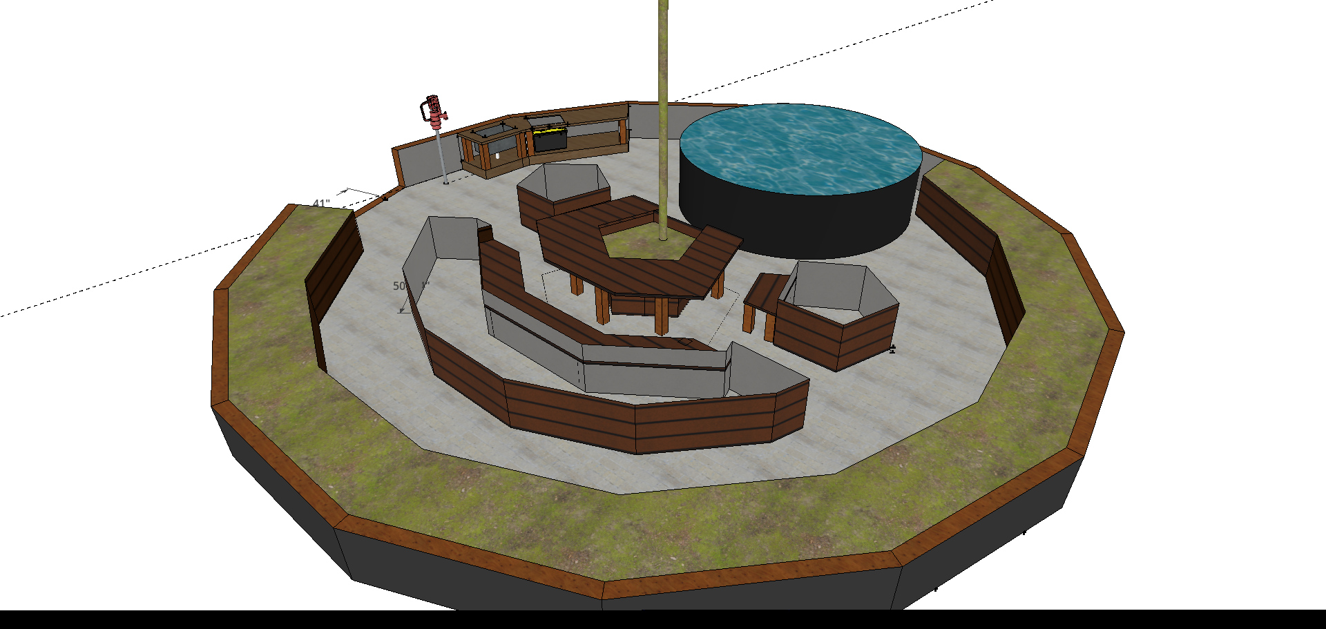 Interior sketchup drawing of a 33' Growing Dome with a central table and bench and a potting bench to the west
