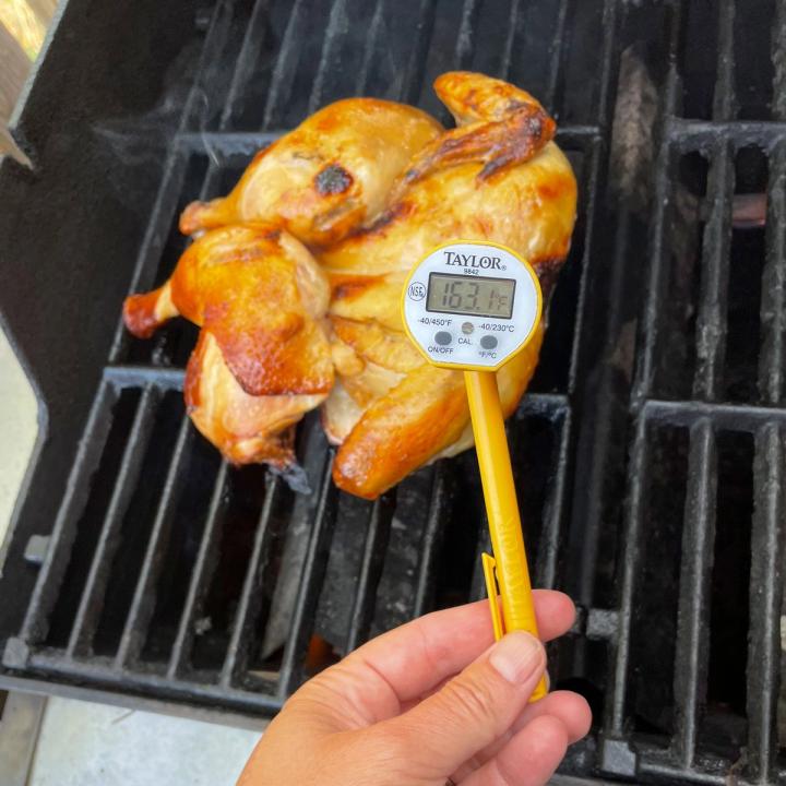 golden roasted chicken on the grill, someone is holding a meat thermometer and taking its temperature