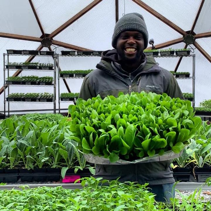 Man smiling proudly showing off a tray of lettuce growing in a Growing Dome greenhouse
