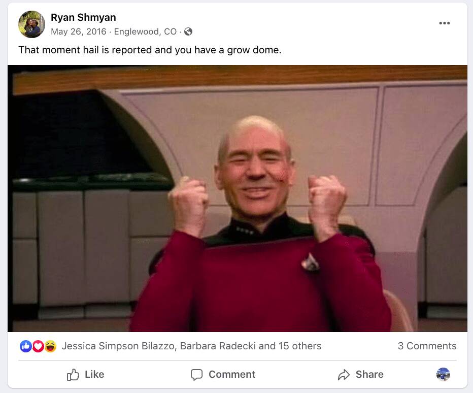 customer testimonial about best greenhouse for hail with meme