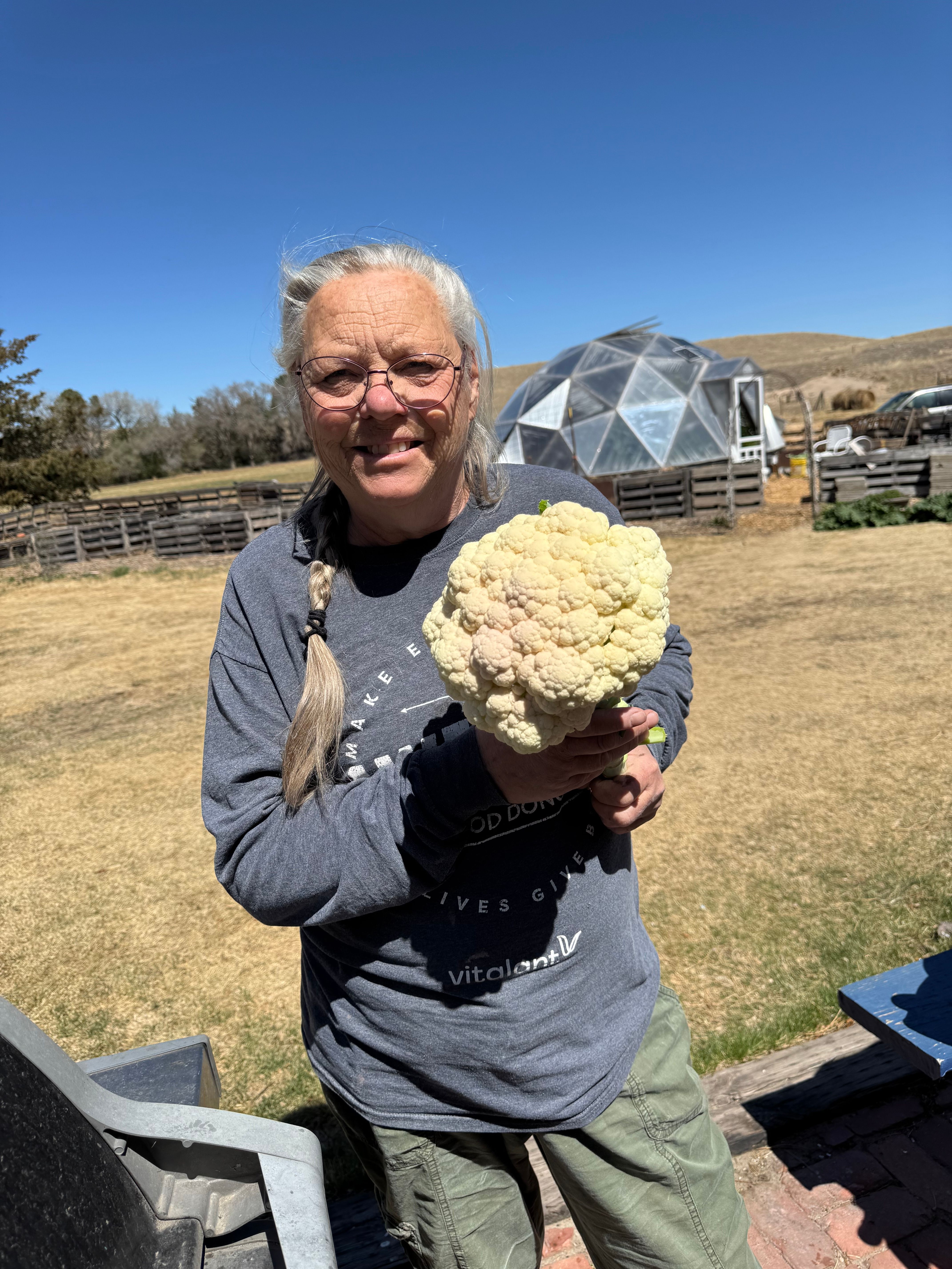 Woman proudly holding up a large head of homegrown cauliflower in front of her Growing Dome greenhouse