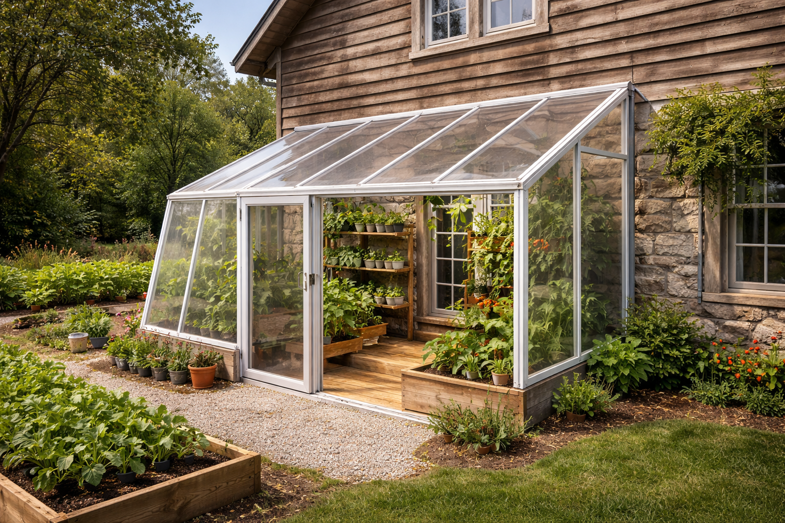 AI Generated Image of a lean-to greenhouse attached to a house