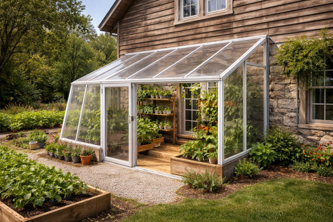 AI Generated Image of a lean-to greenhouse attached to a house