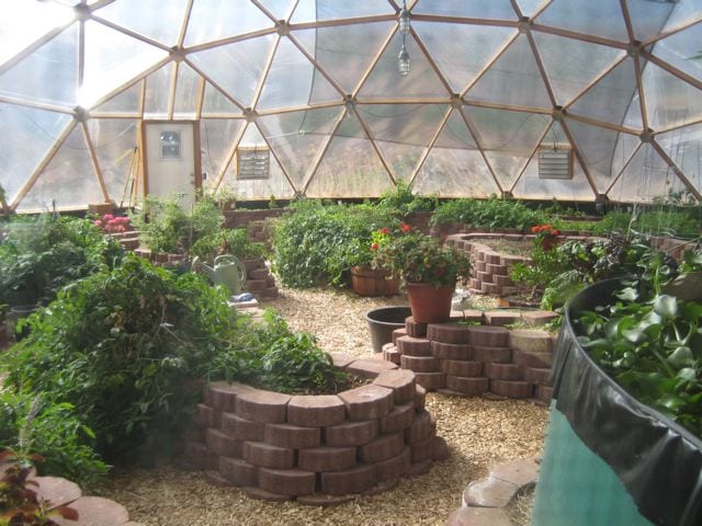 pave stone is used to create walls for these garden beds inside of a large greenhouse