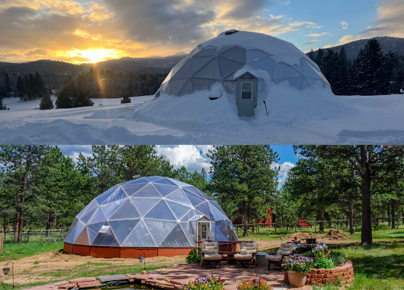 Two images of 42 foot diameter growing dome greenhouses the top showing one covered in snow and the bottom in summer surrounded by green grass