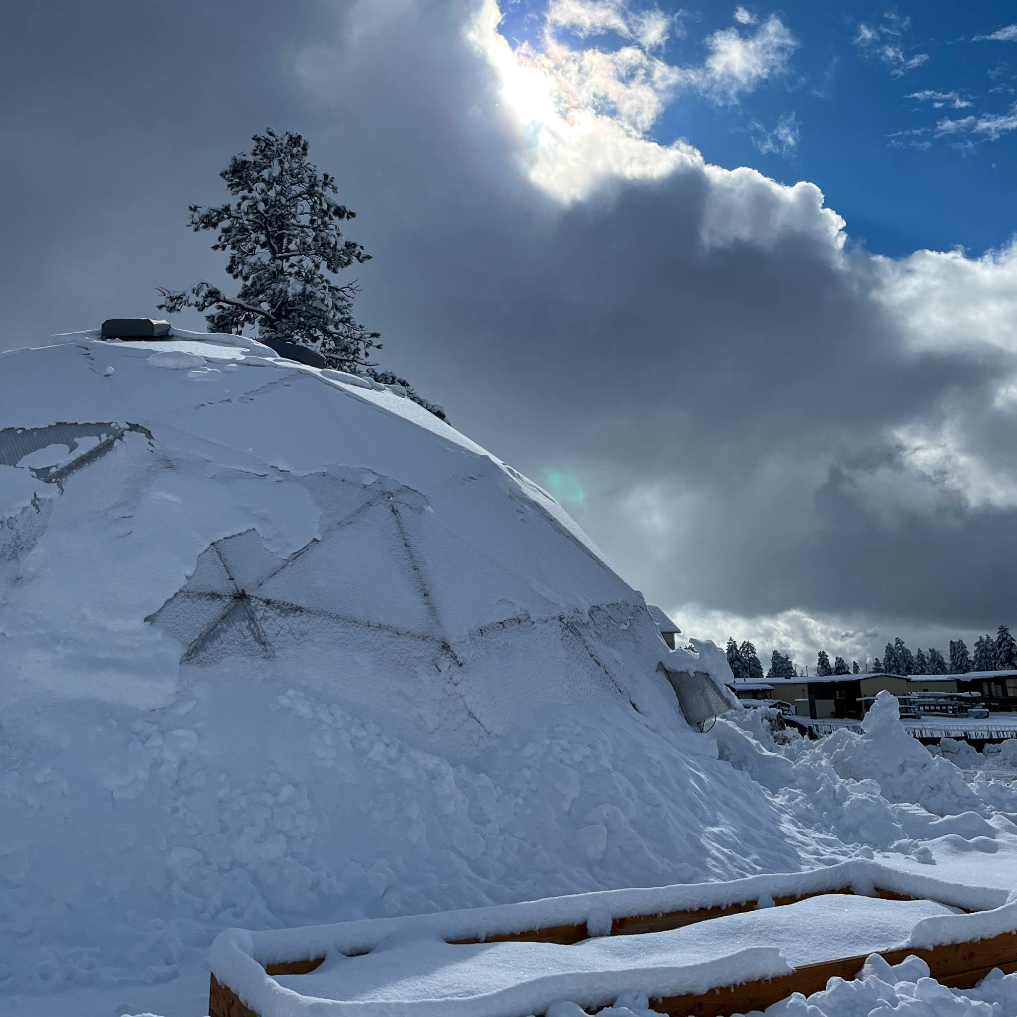 42' Growing Dome with snow building along the north wall to insulate and keep the greenhouse warm