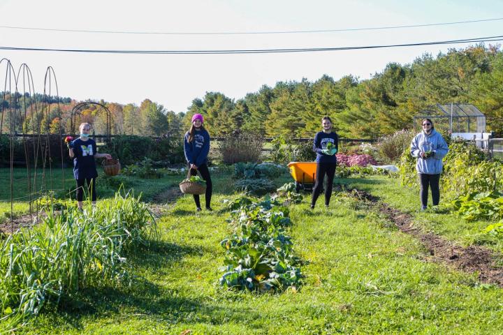 students farming outside school greenhouse