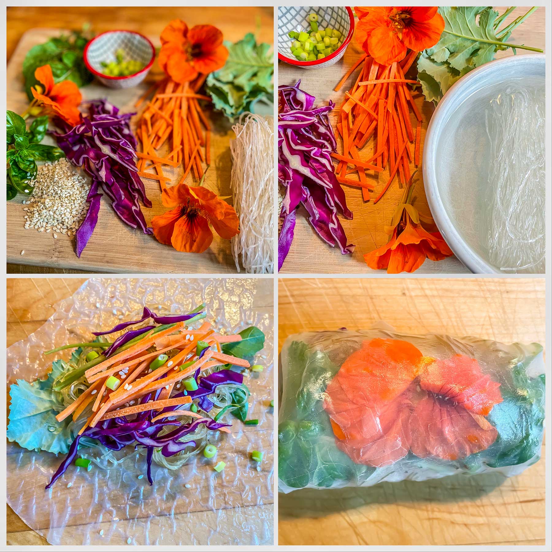 collage showing how to make nasturtium spring rolls: ingredients arranged on a bamboo cutting board, bean threads soaking in a bowl of water, ingredients stacked up on rice paper wrapper ready to roll, finished spring roll packet