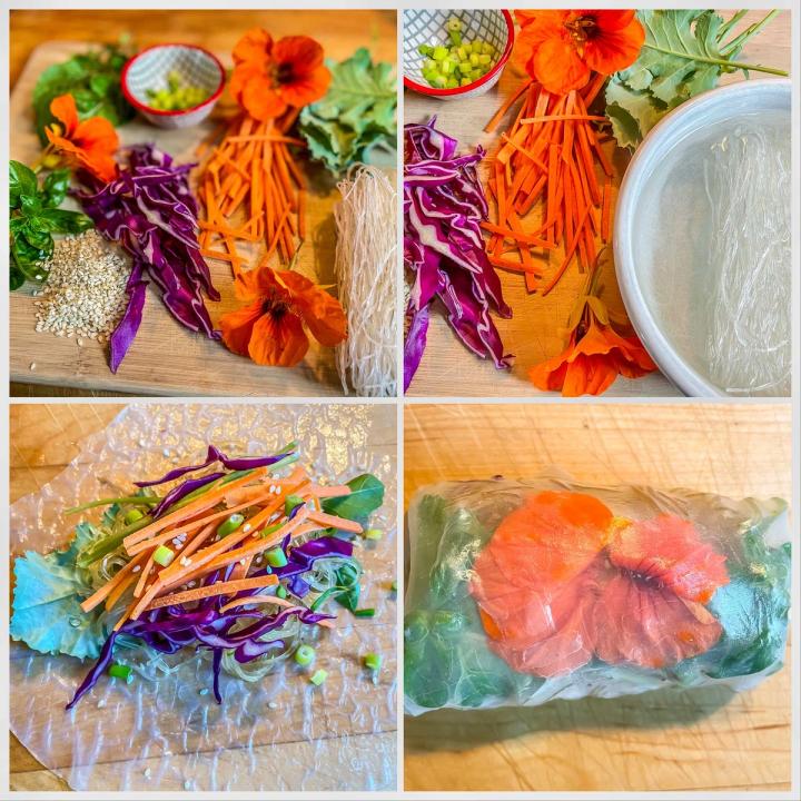 collage showing how to make nasturtium spring rolls: ingredients arranged on a bamboo cutting board, bean threads soaking in a bowl of water, ingredients stacked up on rice paper wrapper ready to roll, finished spring roll packet