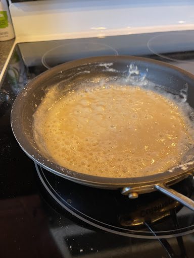 making a roux in a skillet for the green chili