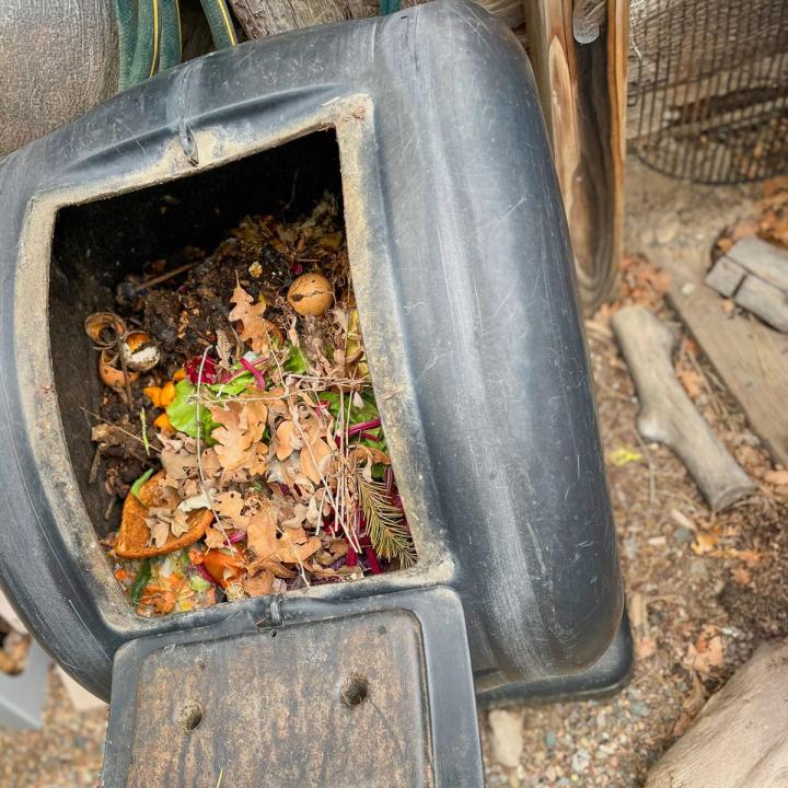 example of a simple compost tumbler made of plastic with the lid open showing leaves and food scraps tossed on top