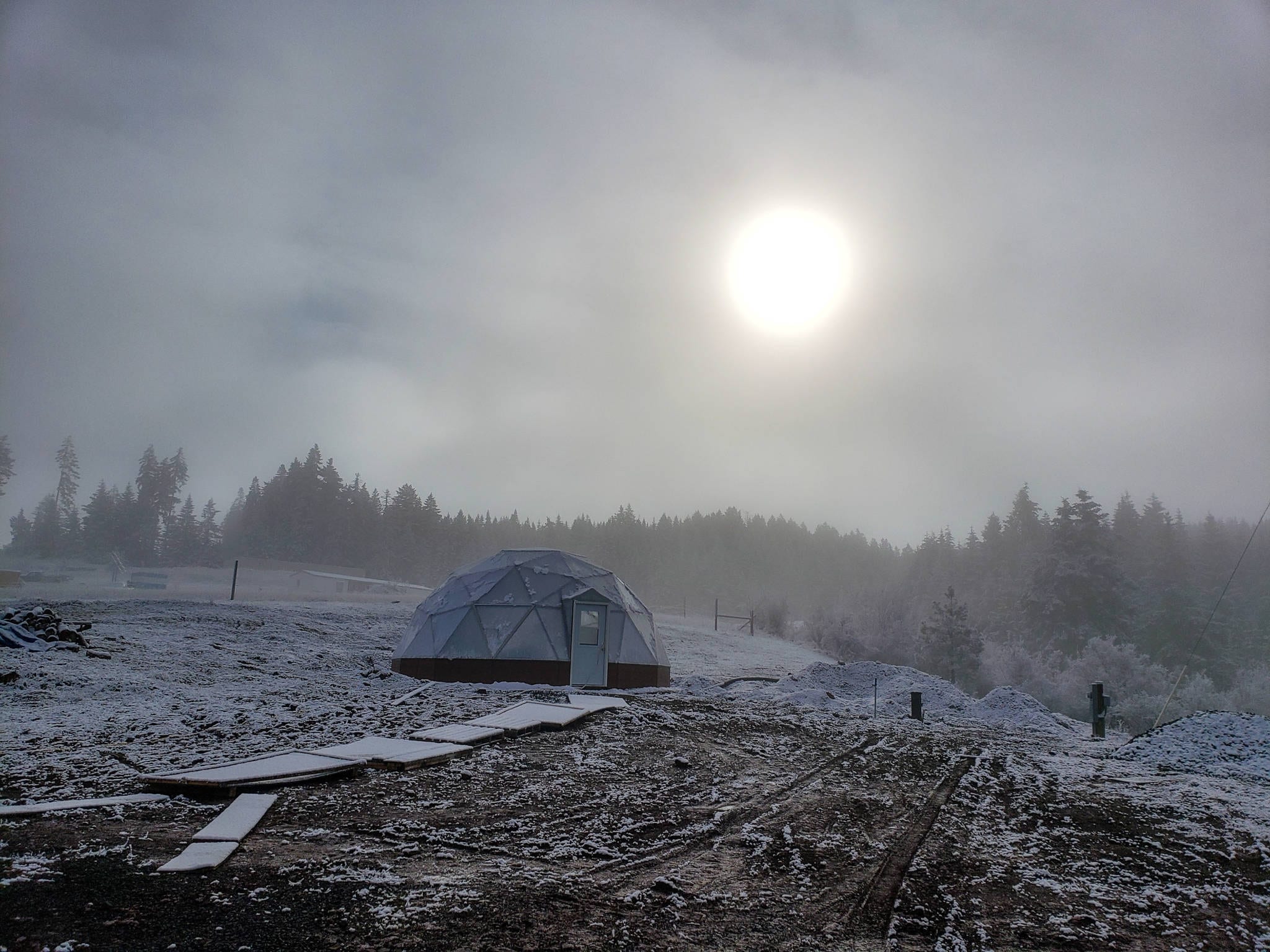 Growing Dome greenhouse in the Idaho mountain mist
