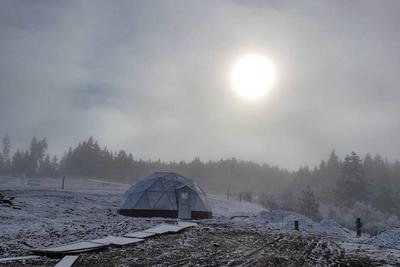 Growing Dome greenhouse in the Idaho mountain mist