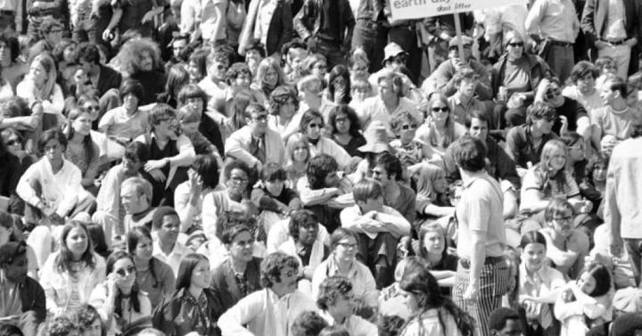 Gathering of people celebrating Earth Day 1970