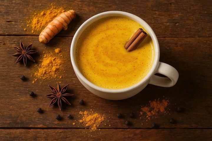 looking down on a table featuring a turmeric latte and spices like star anise and peppercorns sprinkled about