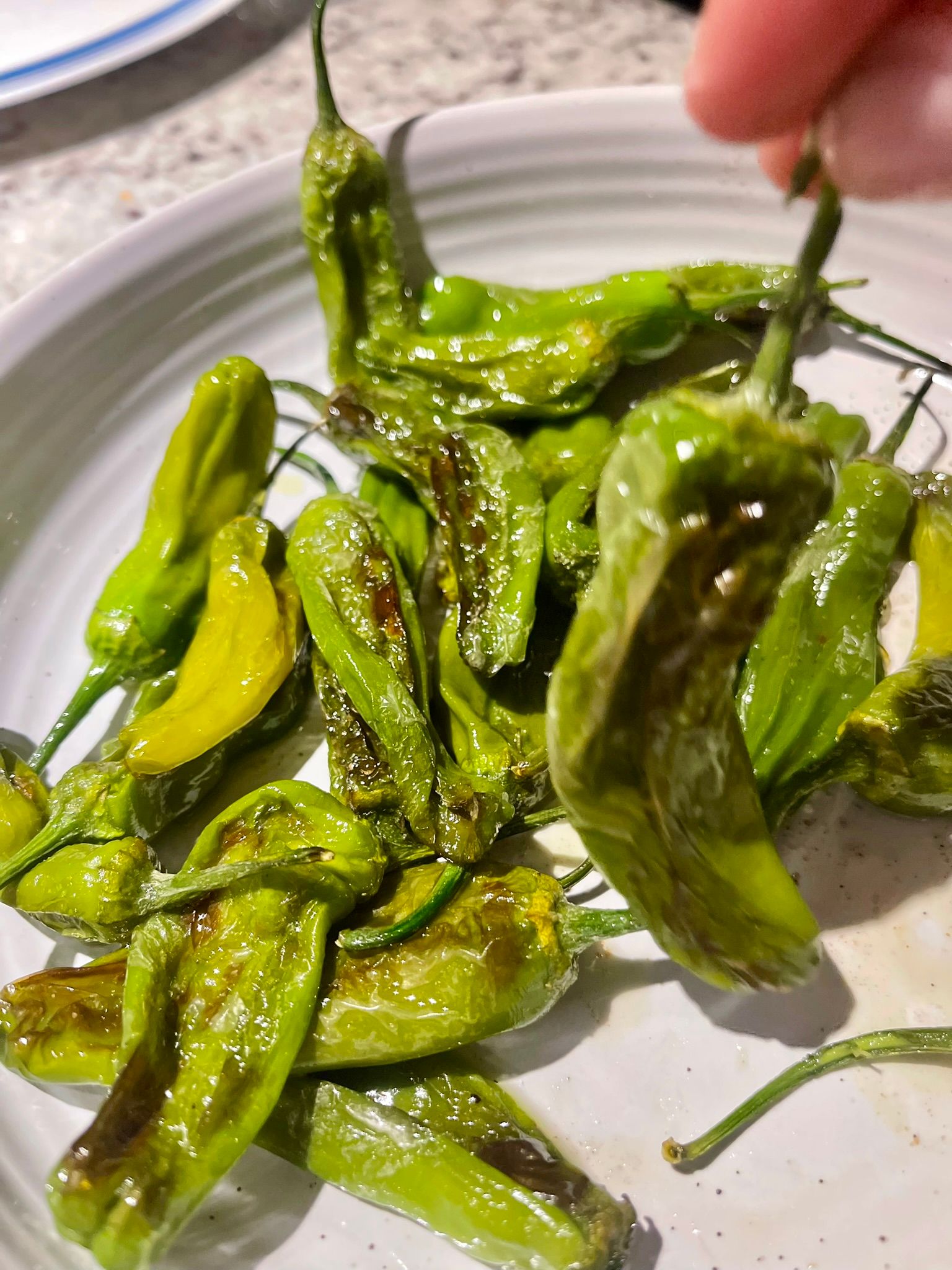 blistered shishito peppers on a plate