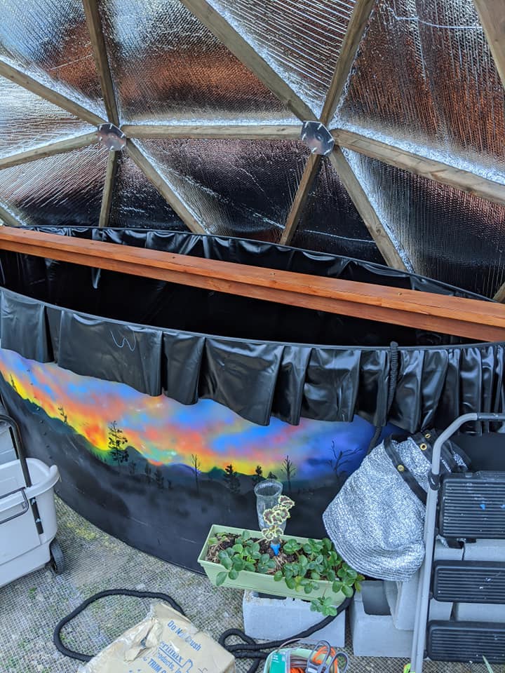 Hand-painted sunset scene on the water pond inside a New Hampshire Growing Dome