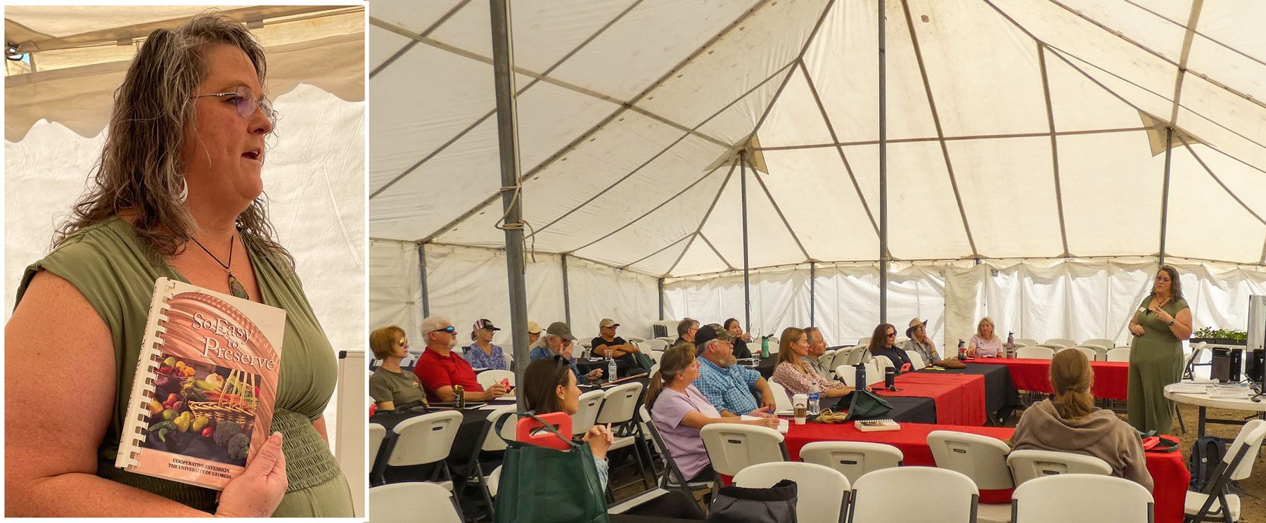 two picture collage, one image shows the speaker holding up a books she recommends, the other is of the class assembled at tables under a big white tent