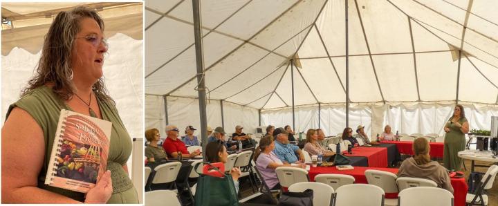 two picture collage, one image shows the speaker holding up a books she recommends, the other is of the class assembled at tables under a big white tent